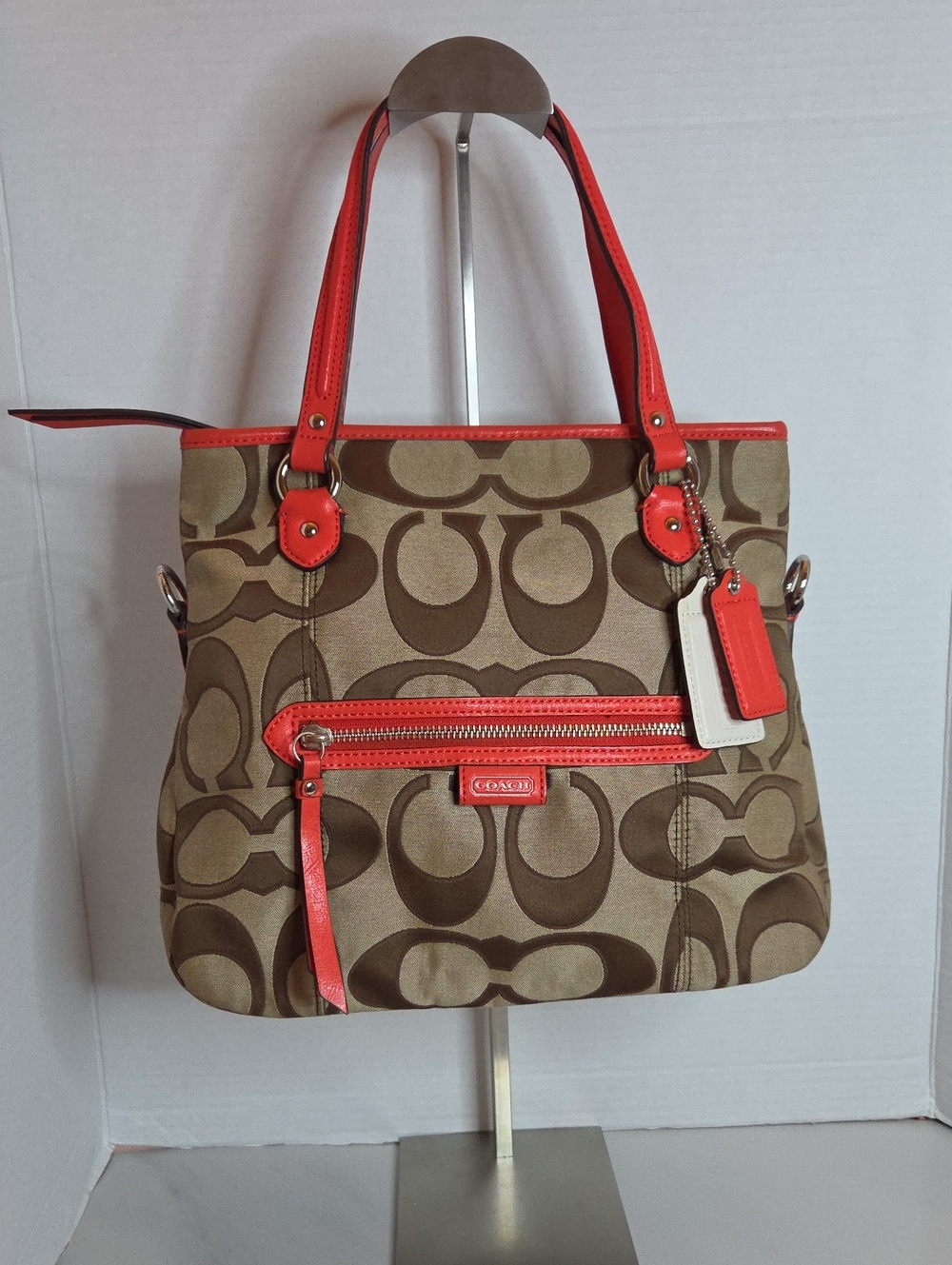 Coach Brown Signature Canvas Shoulder Bag with Coral Trim